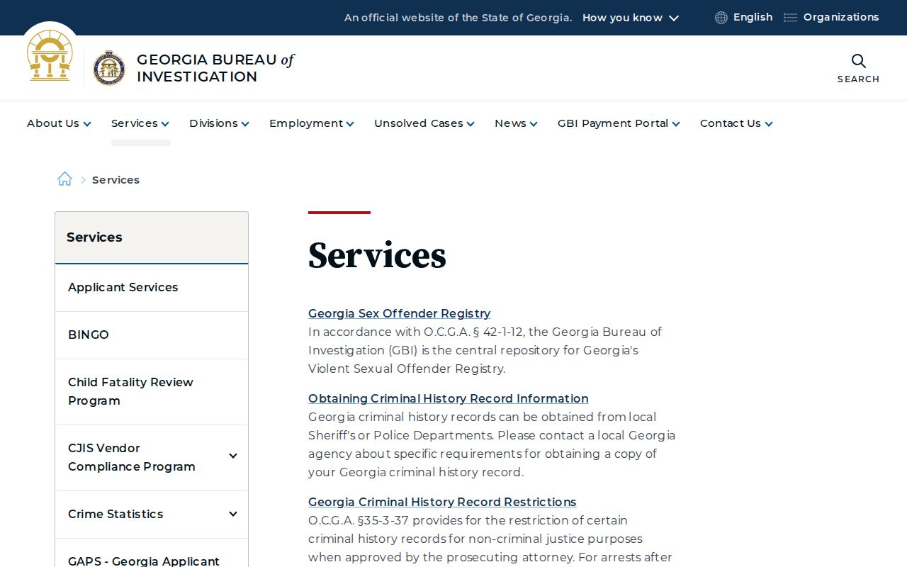GBI official services directory for Georgia criminal records