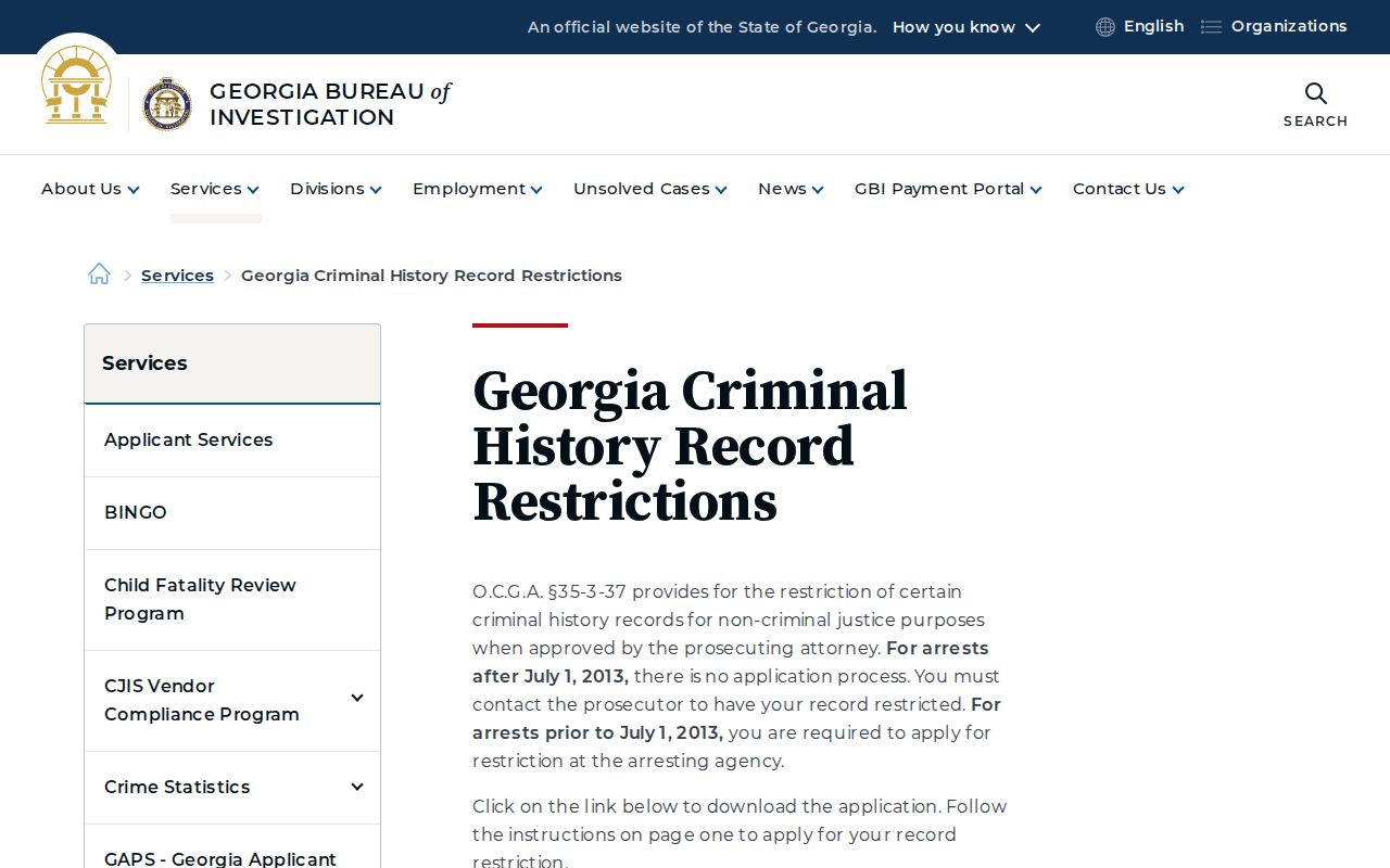 GBI Georgia criminal history record restriction service